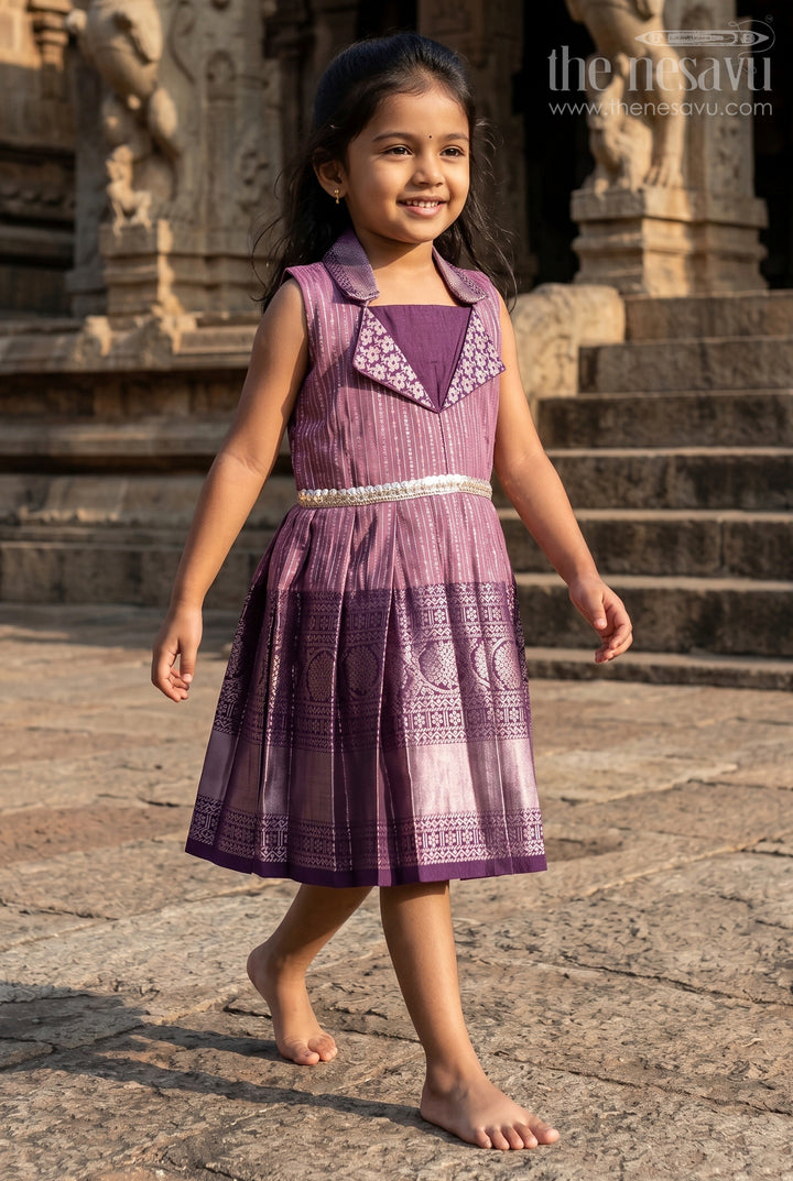 The Nesavu Girls Kanchi Silk Frock Traditional Silk Frock for Girls for Weddings and Cultural Events Nesavu 16 (1Y) / Purple / Silk Blend SF1006BA-16 Nesavu traditional silk frock for girls with zari woven skirt and collar for festive occasions