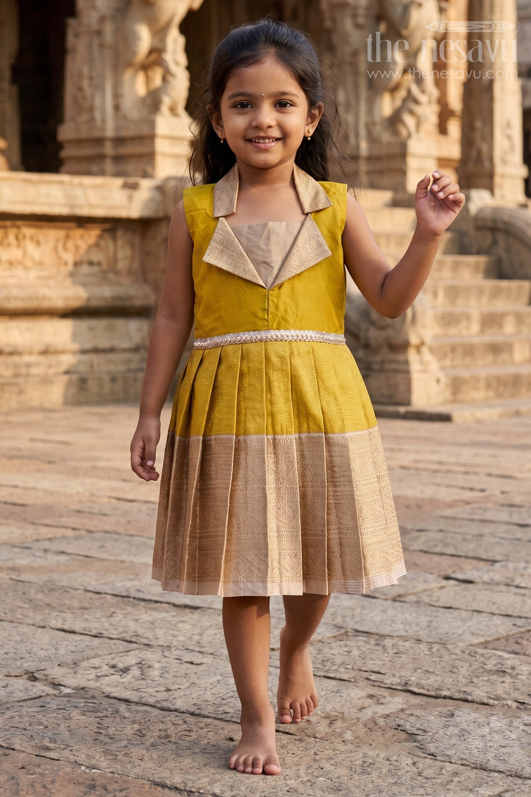 The Nesavu Girls Kanchi Silk Frock Traditional Silk Frock for Girls for Weddings and Milestone Occasions Nesavu 16 (1Y) / Yellow / Silk Blend SF992BB-16 Nesavu traditional silk frock for girls with pleated zari skirt and collar – ideal for weddings and birthdays