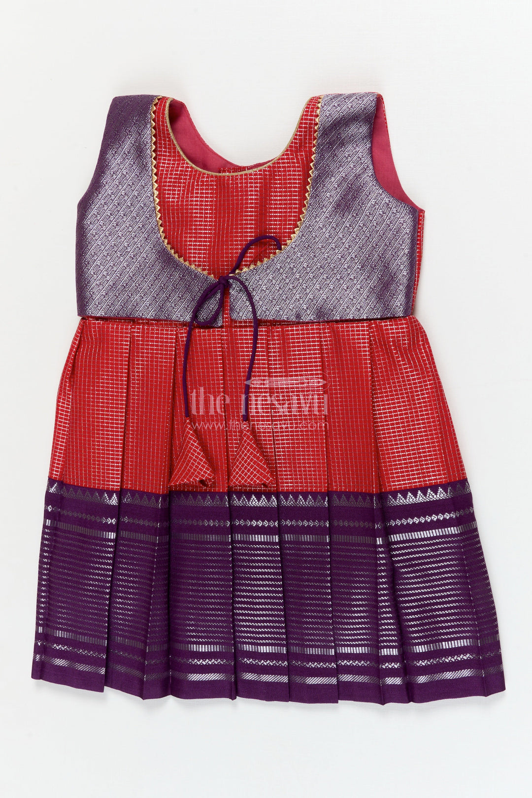 The Nesavu Girls Kanchi Silk Frock Traditional Silk Frock for Toddler Girls with Arani Saree Style Detailing Nesavu 10 (NB) / Orange / style 1 KSF002AA-10 Nesavu toddler girl traditional silk frock inspired by Arani sarees for festive celebrations