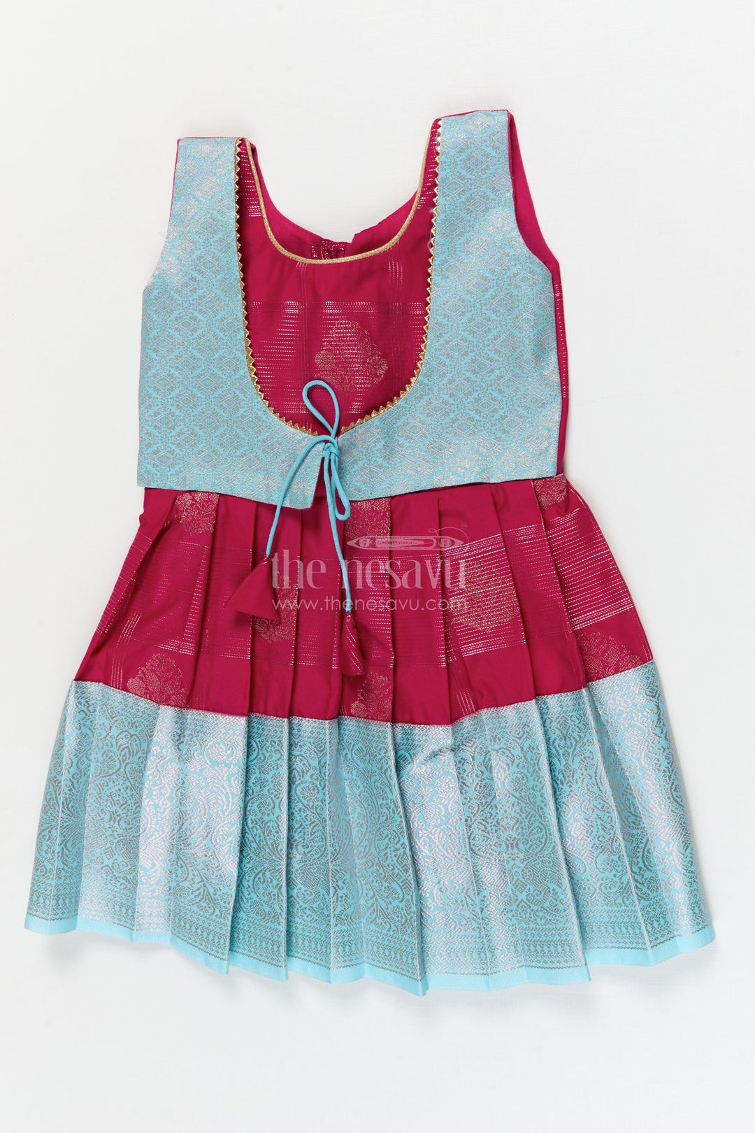 The Nesavu Girls Kanchi Silk Frock Traditional Silk Frock for Toddler Girls with Kanchivaram Inspired Zari Craftsmanship Nesavu 10 (NB) / Pink / style 1 KSF038CA-10 Nesavu toddler girl silk frock with Kanchivaram inspired zari pleats and festive jacquard yoke