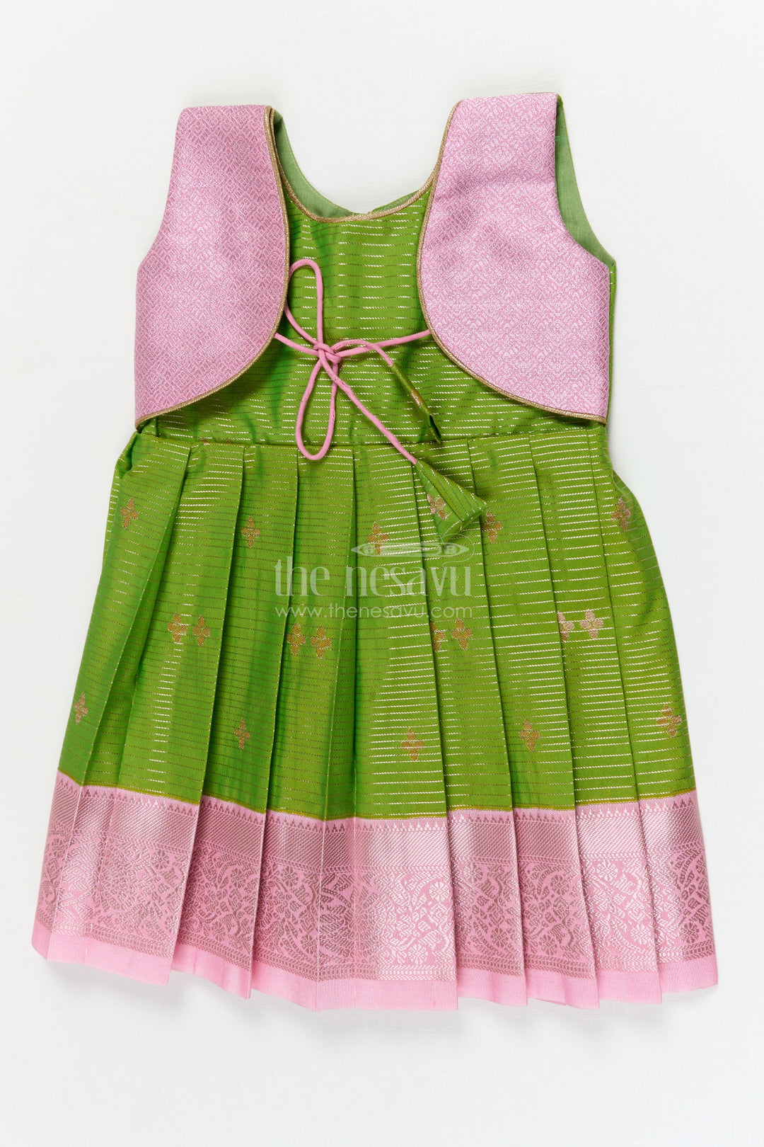 The Nesavu Girls Kanchi Silk Frock Traditional Silk Frock for Toddler Girls with Kanchivaram Saree Inspired Contrast Yoke Nesavu 10 (NB) / Green / style 1 KSF012BA-10 Nesavu toddler girl traditional silk frock with Kanchivaram saree inspired zari weave and contrast yoke