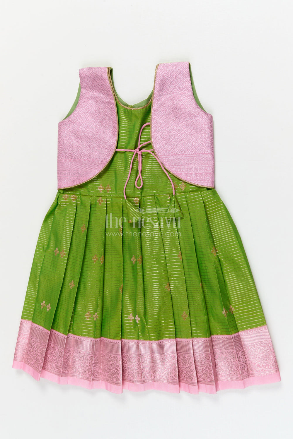 The Nesavu Girls Kanchi Silk Frock Traditional Silk Frock for Toddler Girls with Kanchivaram Saree Inspired Contrast Yoke Nesavu 10 (NB) / Green / style 2 KSF012BB-10 Nesavu toddler girl traditional silk frock with Kanchivaram saree inspired zari weave and contrast yoke