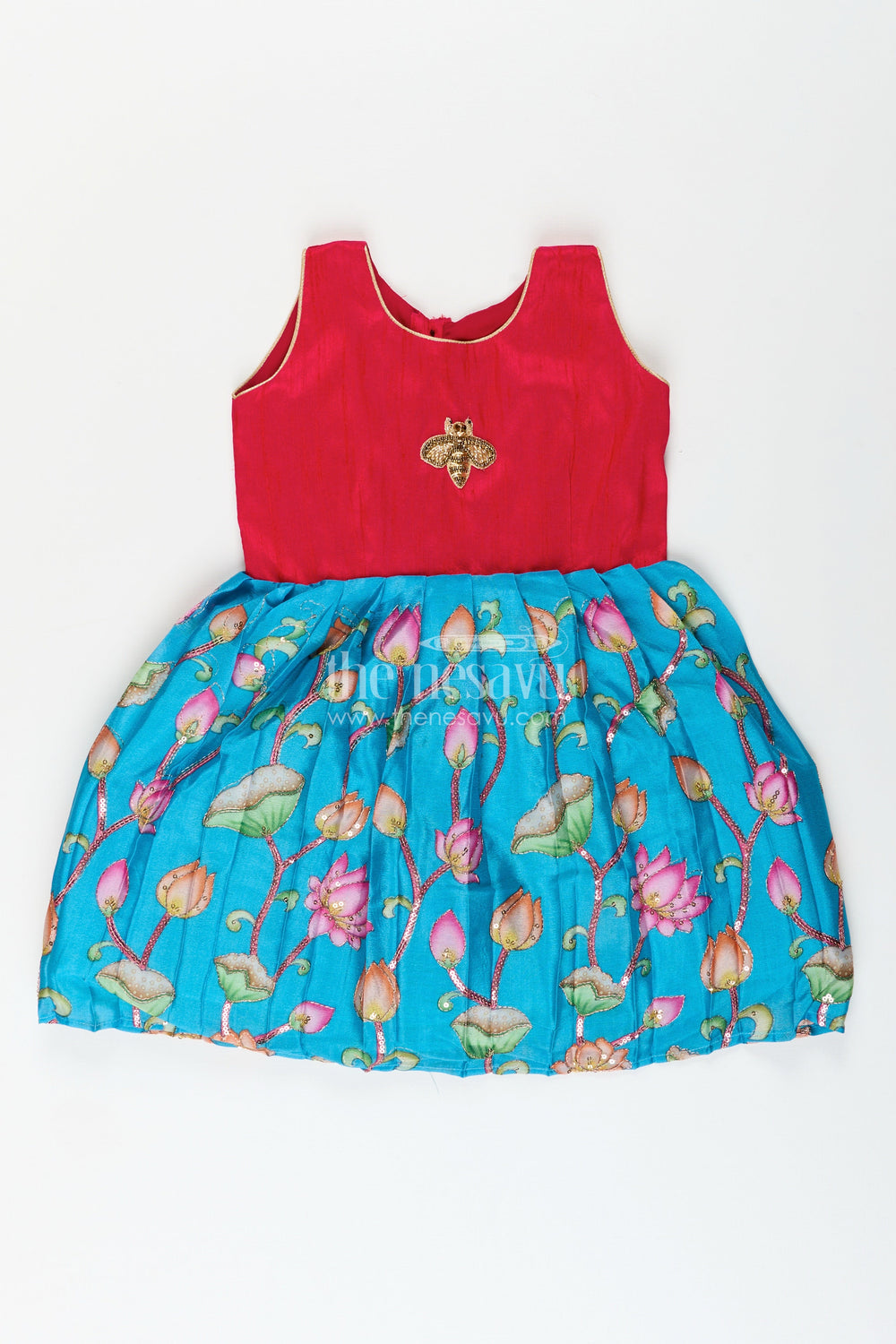 The Nesavu Silk Frock Traditional Silk Frock for Toddler Girls with Raw Silk Yoke Nesavu 20 (3Y) / Red SF1071B-20 Nesavu toddler silk frock Banaras skirt raw silk yoke festive ethnic occasions