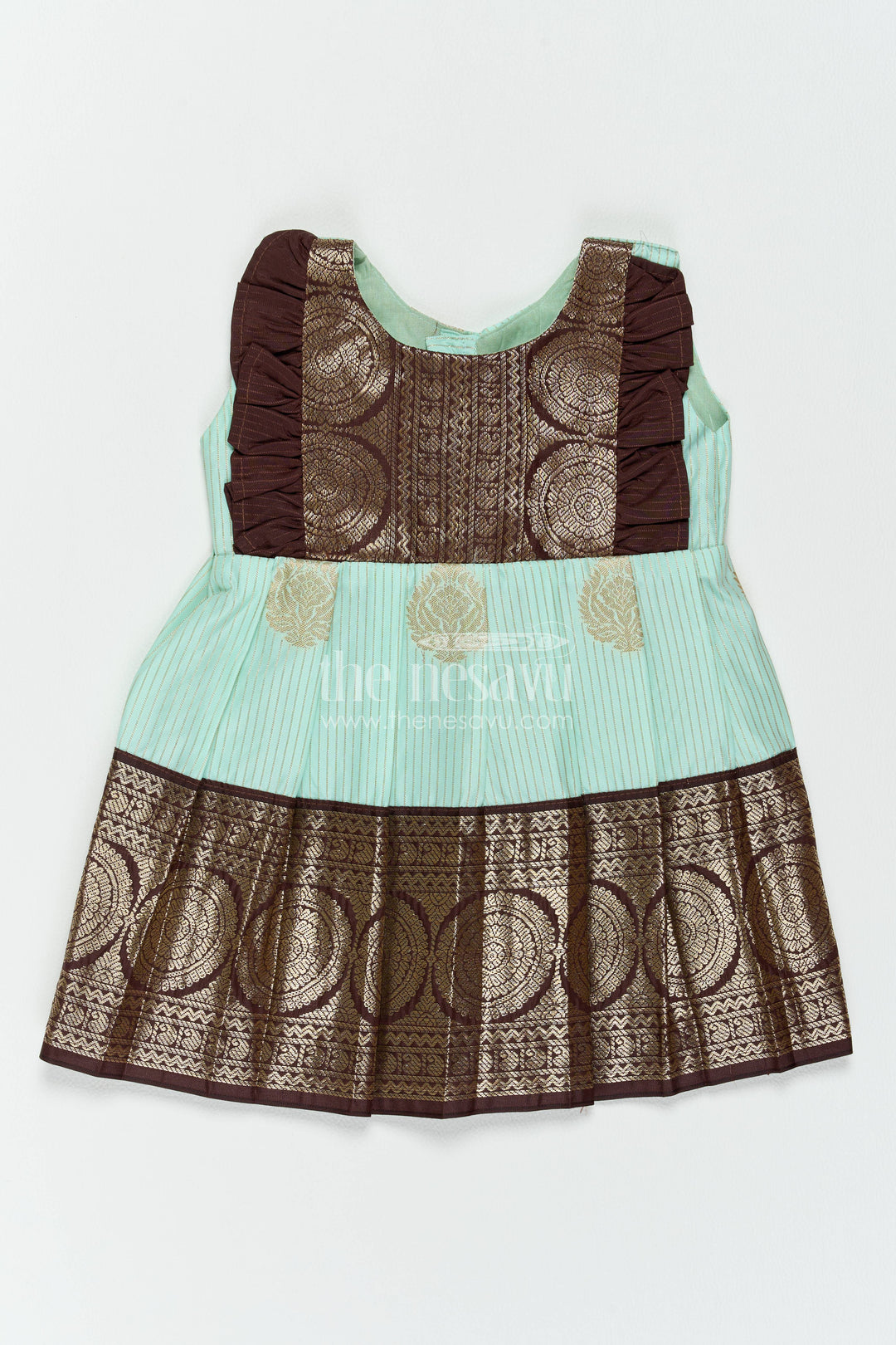 The Nesavu Girls Kanchi Silk Frock Traditional Silk Frock with Jacquard Weave for Weddings and Parties Nesavu 10 (NB) / Turquoise / Style 2 KSF091GB-10 Nesavu Traditional Silk Frock In Turquoise For Milestone Days KSF091GB-10