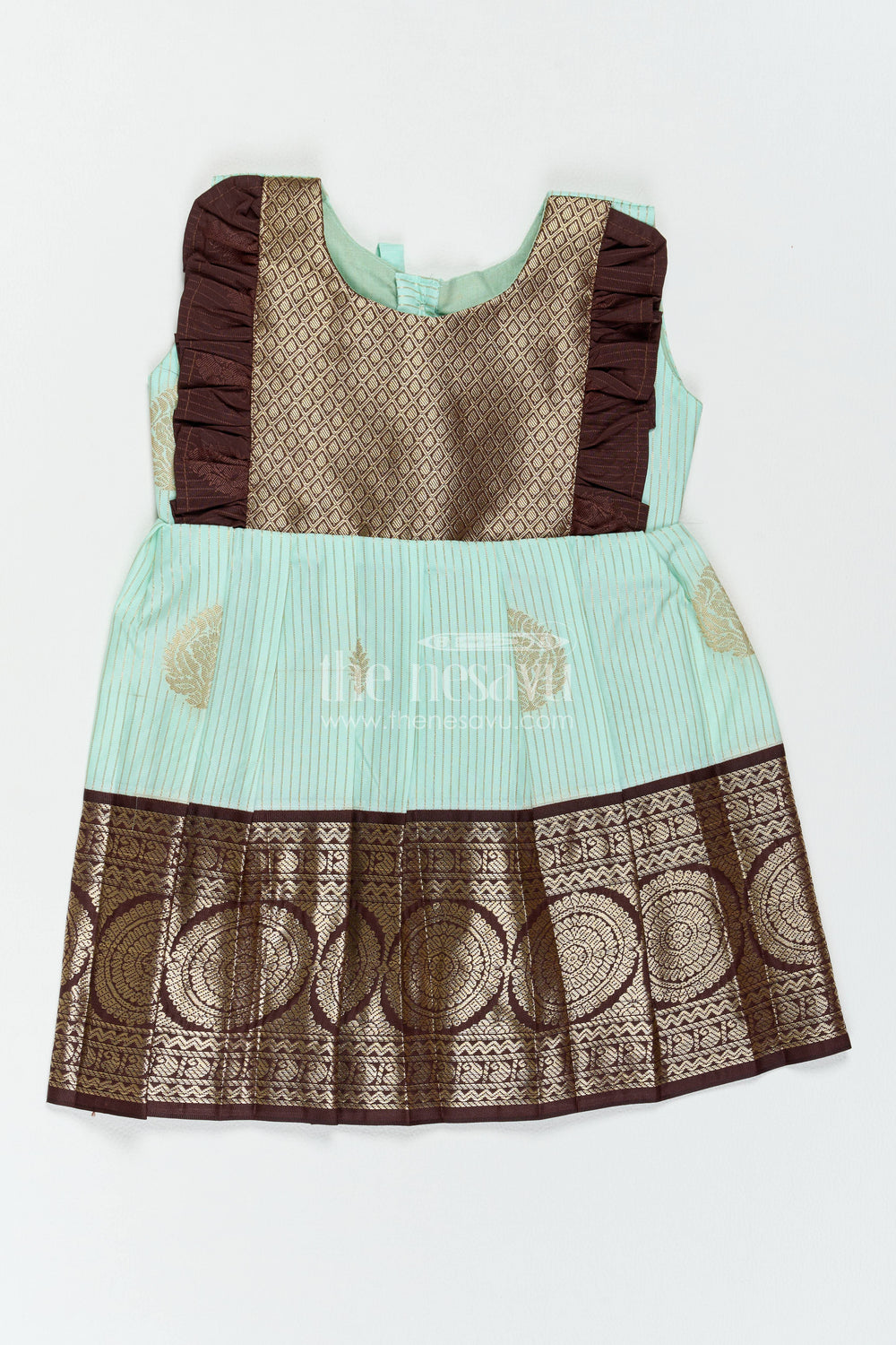 The Nesavu Girls Kanchi Silk Frock Traditional Silk Frock with Jacquard Weave for Weddings and Parties Nesavu 12 (3M) / Turquoise / Style 1 KSF091GA-12 Nesavu Traditional Silk Frock In Turquoise For Milestone Days KSF091GA-12