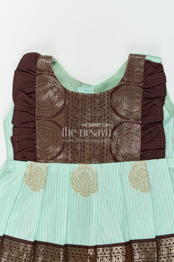 The Nesavu Girls Kanchi Silk Frock Traditional Silk Frock with Jacquard Weave for Weddings and Parties Nesavu Nesavu Traditional Silk Frock In Turquoise For Milestone Days