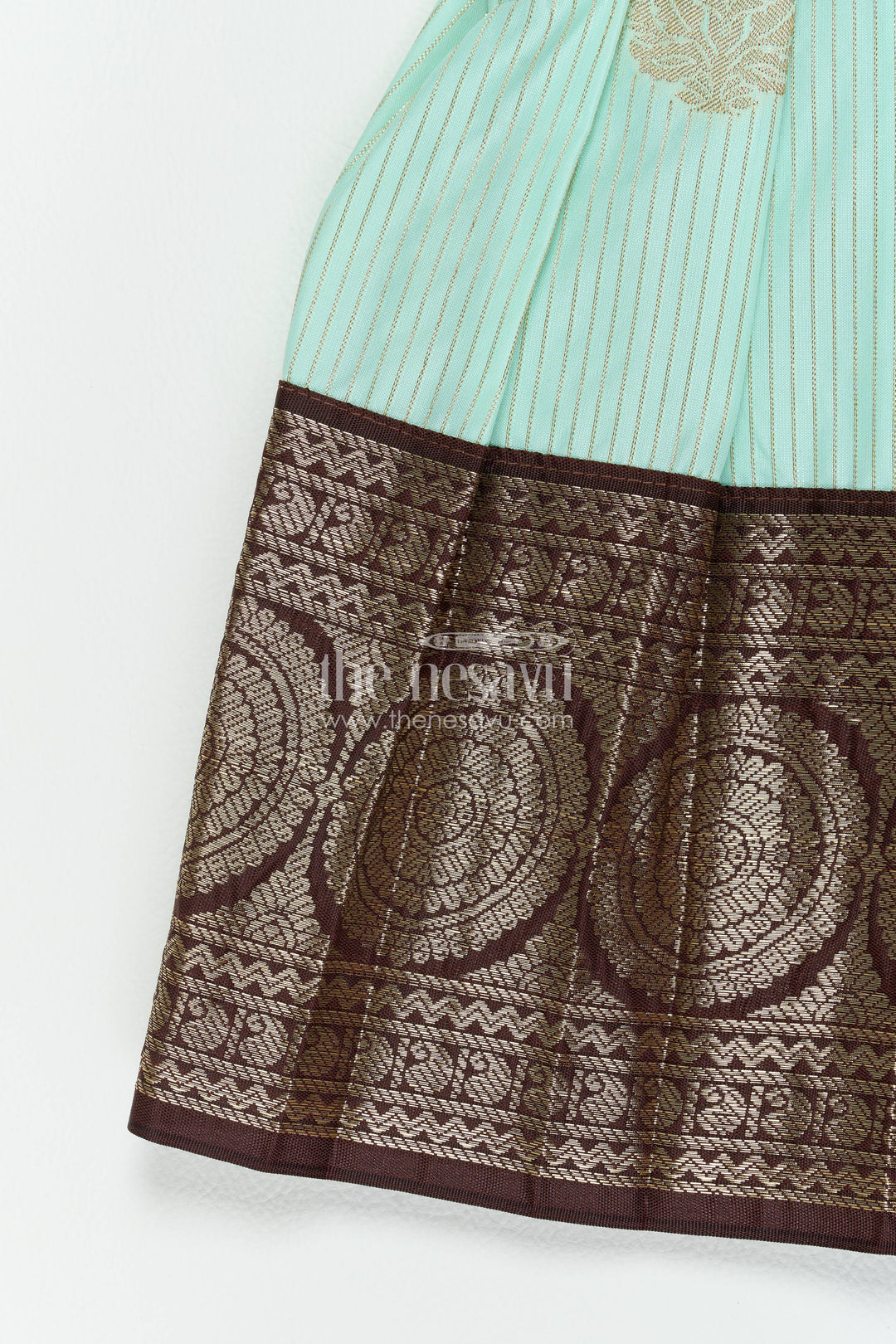 The Nesavu Girls Kanchi Silk Frock Traditional Silk Frock with Jacquard Weave for Weddings and Parties Nesavu Nesavu Traditional Silk Frock In Turquoise For Milestone Days