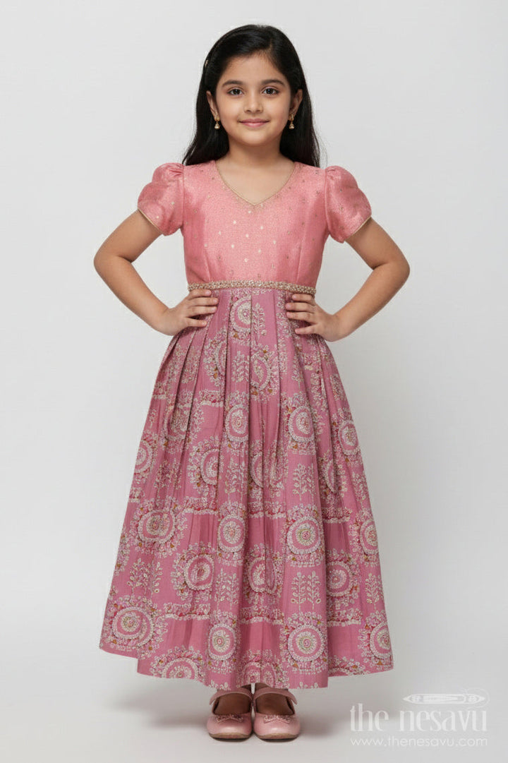 The Nesavu Girls Silk Gown Traditional Silk Gown for Girls for Weddings and Festive Events Nesavu 16 (1Y) / Pink GA387B-16 Nesavu girls traditional silk gown with mandala print and sequin belt for weddings and poojas