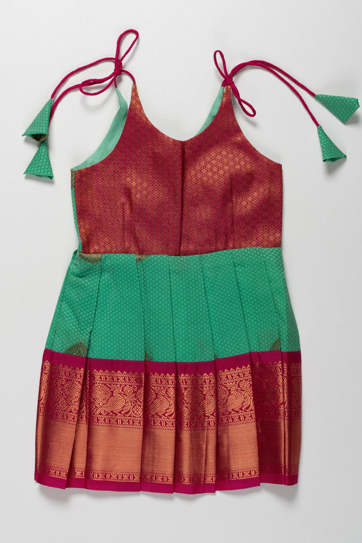 The Nesavu Tie-up Frock Traditional Silk Tie-Up Frock for Irubathiyettam and Namakaranam - Green and Maroon Nesavu 14 (6M) / Green / Style 1 T386A-14 Traditional Silk TieUp Frock for Girls Green and Maroon | Festive Wear | The Nesavu