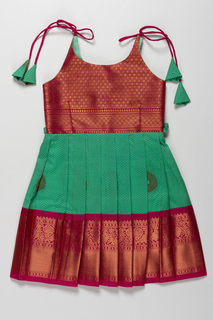 The Nesavu Tie-up Frock Traditional Silk Tie-Up Frock for Irubathiyettam and Namakaranam - Green and Maroon Nesavu 14 (6M) / Green / Style 2 T386B-14 Traditional Silk TieUp Frock for Girls Green and Maroon | Festive Wear | The Nesavu