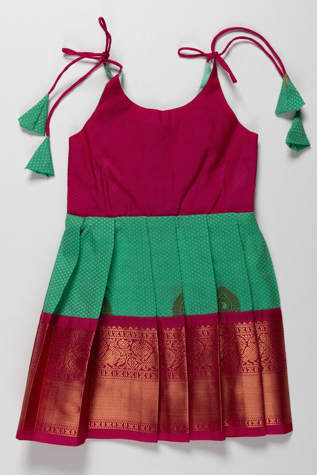 The Nesavu Tie-up Frock Traditional Silk Tie-Up Frock for Irubathiyettam and Namakaranam - Green and Maroon Nesavu 14 (6M) / Green / Style 3 T386C-14 Traditional Silk TieUp Frock for Girls Green and Maroon | Festive Wear | The Nesavu