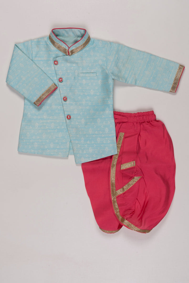 The Nesavu Boys Dothi Set Traditional Sky Blue and Maroon Dhoti Kurta Set for Boys Nesavu 10 (NB) / Blue / Silk Blend BES499A-10 Boys Sky Blue Kurta & Maroon Dhoti Set | Traditional Festive Wear | The Nesavu