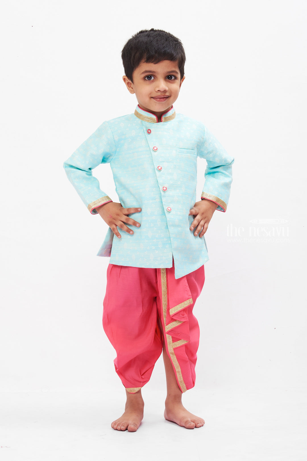 The Nesavu Boys Dothi Set Traditional Sky Blue and Maroon Dhoti Kurta Set for Boys Nesavu 10 (NB) / Blue / Silk Blend BES499A-10 Boys Sky Blue Kurta & Maroon Dhoti Set | Traditional Festive Wear | The Nesavu