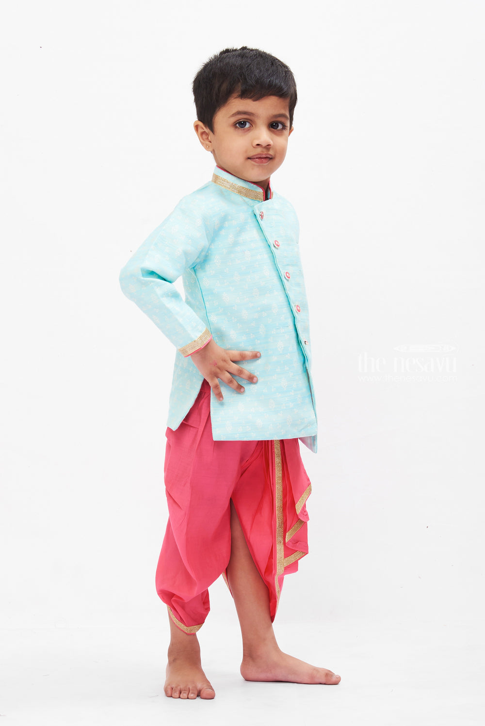 The Nesavu Boys Dothi Set Traditional Sky Blue and Maroon Dhoti Kurta Set for Boys Nesavu Boys Sky Blue Kurta & Maroon Dhoti Set | Traditional Festive Wear | The Nesavu