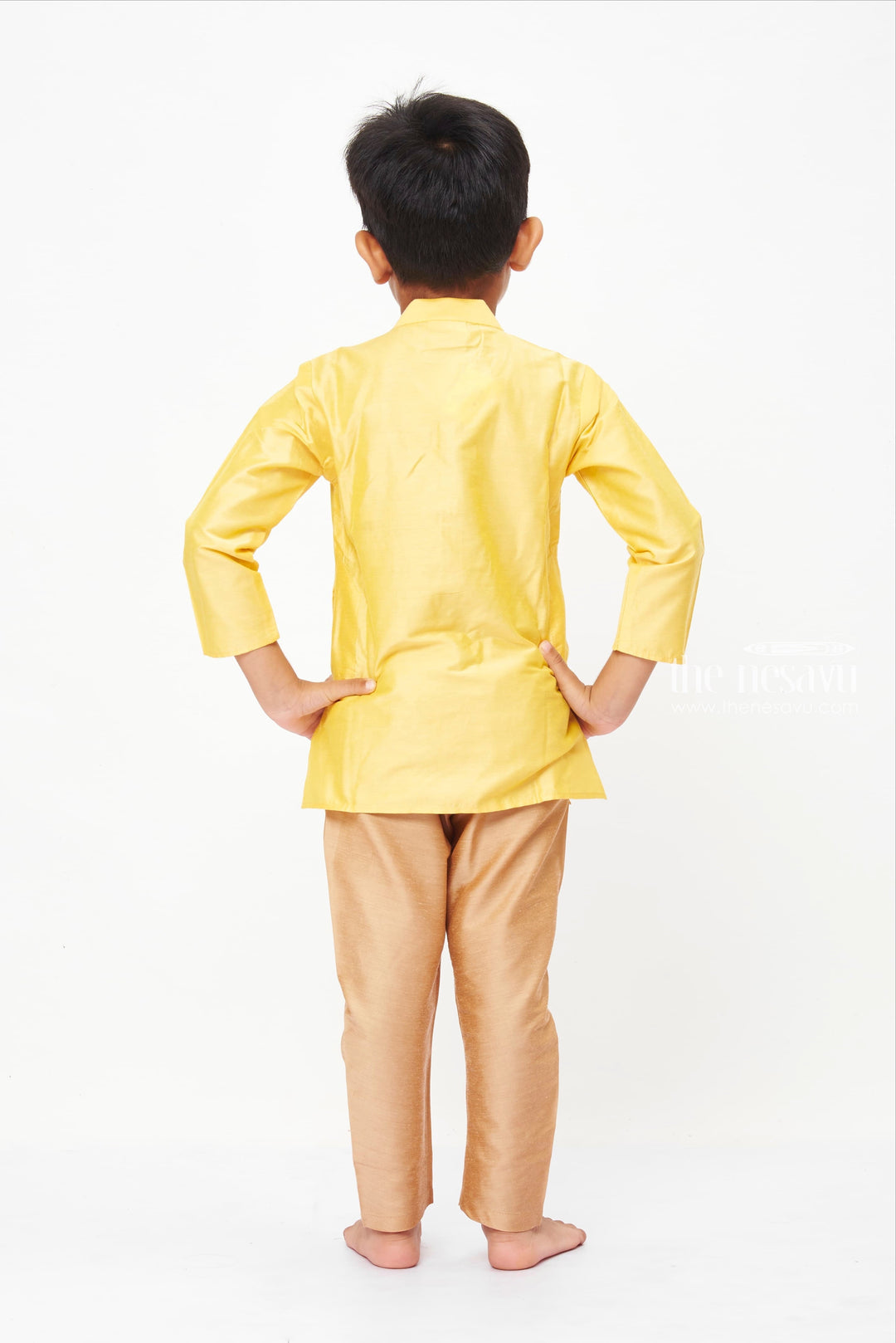 The Nesavu Boys Kurtha Set Traditional Sunshine Yellow Embroidered Kurta with Royal Blue Cotton Pant Nesavu Festive Boys Kurta Sets | Traditional Elegance for Little Gentlemen | The Nesavu