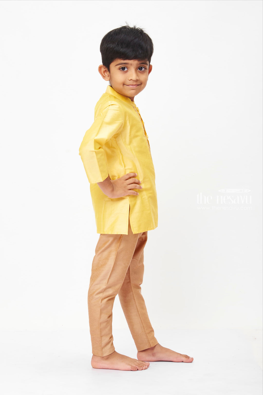 The Nesavu Boys Kurtha Set Traditional Sunshine Yellow Embroidered Kurta with Royal Blue Cotton Pant Nesavu Festive Boys Kurta Sets | Traditional Elegance for Little Gentlemen | The Nesavu