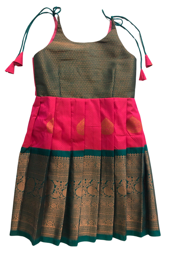 The Nesavu Tie Up Frock Traditional Teal and Pink Silk Tie-Up Frock with Classic Print – Ethnic Elegance Nesavu 18 (2Y) / Pink / Style 1 T315A-18 Teal & Pink Ethnic Silk Frock | Traditional Printed Tie-Up Dress | The Nesavu