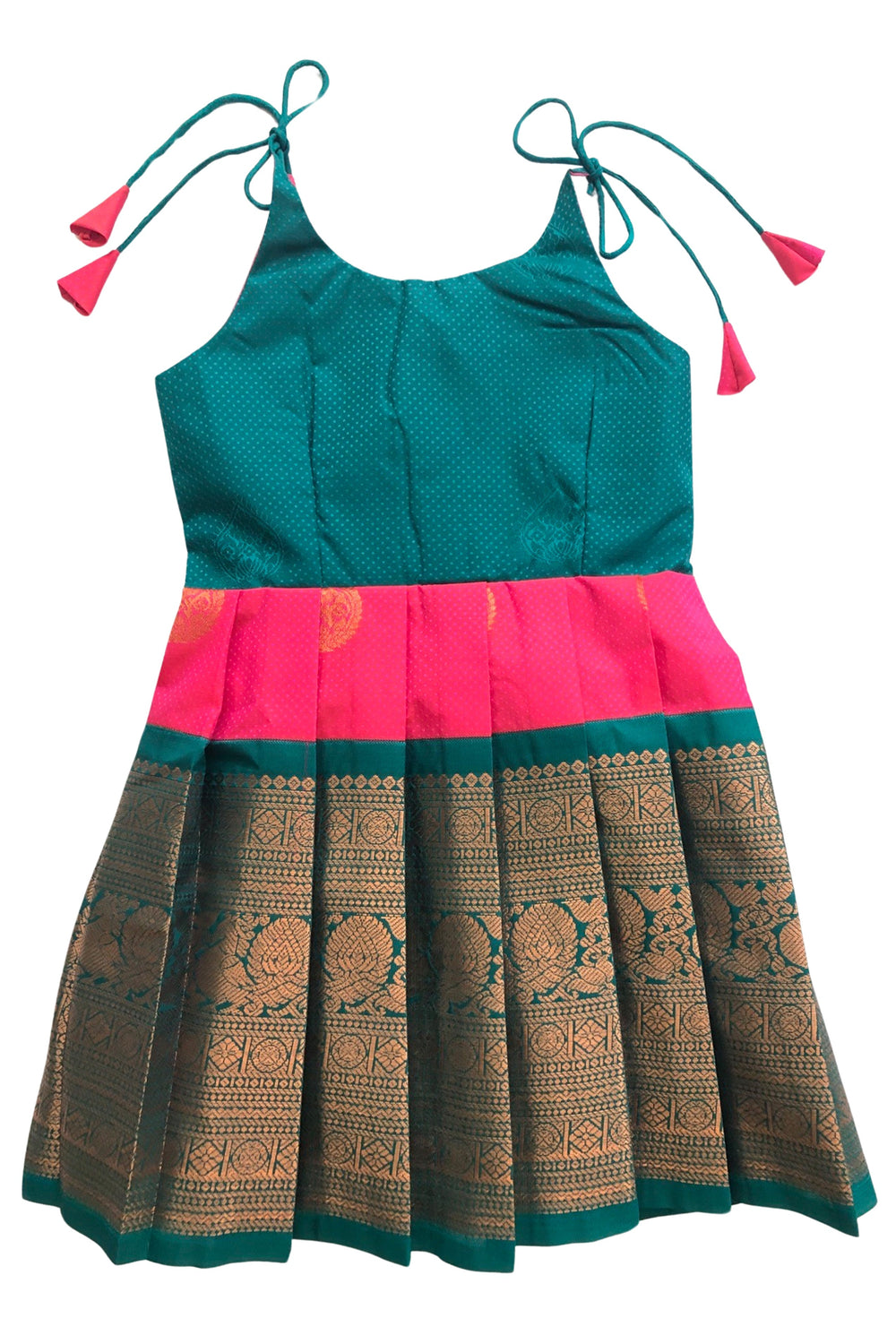 The Nesavu Tie Up Frock Traditional Teal and Pink Silk Tie-Up Frock with Classic Print – Ethnic Elegance Nesavu 18 (2Y) / Pink / Style 2 T315B-18 Teal & Pink Ethnic Silk Frock | Traditional Printed Tie-Up Dress | The Nesavu