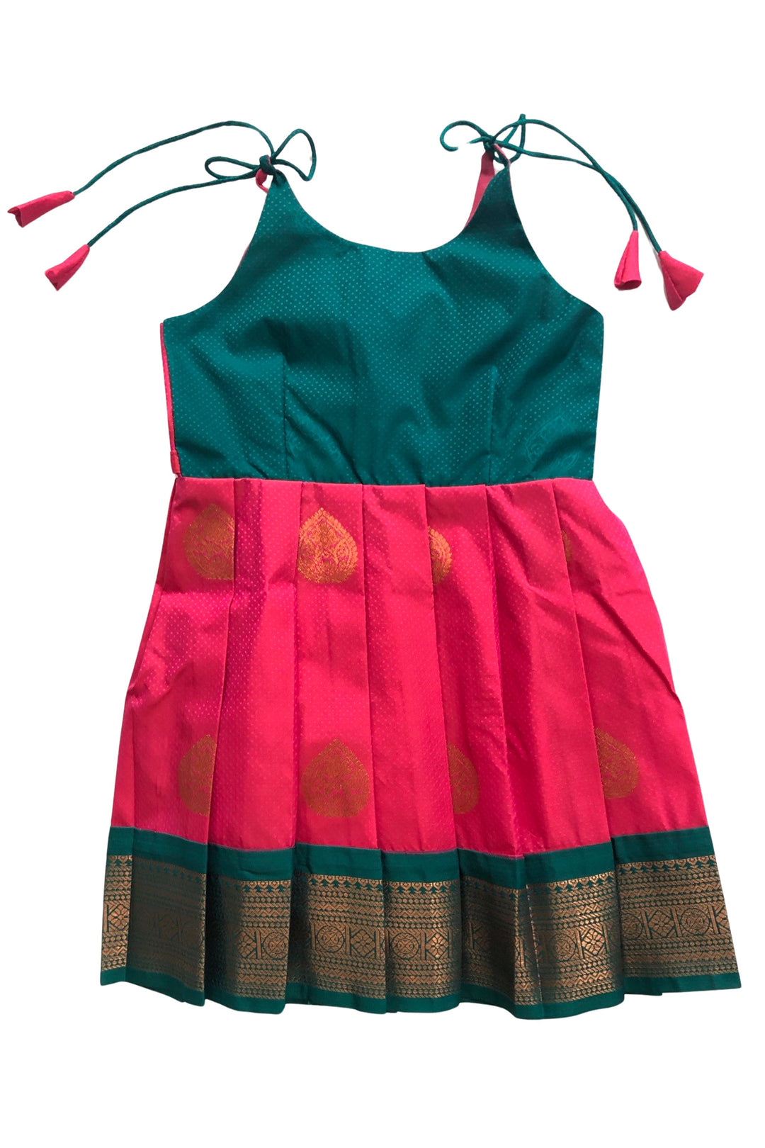 The Nesavu Tie Up Frock Traditional Teal and Pink Silk Tie-Up Frock with Classic Print – Ethnic Elegance Nesavu 18 (2Y) / Pink / Style 5 T315E-18 Teal & Pink Ethnic Silk Frock | Traditional Printed Tie-Up Dress | The Nesavu