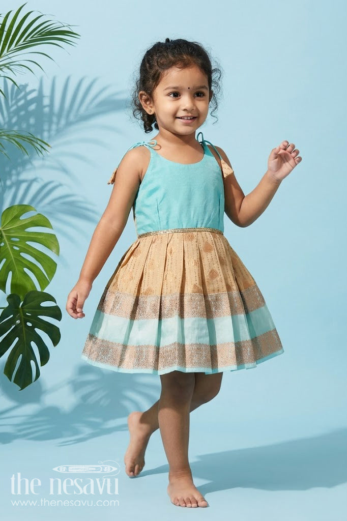 The Nesavu Tie-up Frock Traditional Tie-Up Frock for Baby Girls in Kanchi Silk Ideal for Festivals Nesavu 14 (6M) / Cream / Style 2 SF993DB-14 Nesavu Traditional Tie-Up Baby Girl Frock In Semi Silk Ethnic Dress For Festive Celebrations