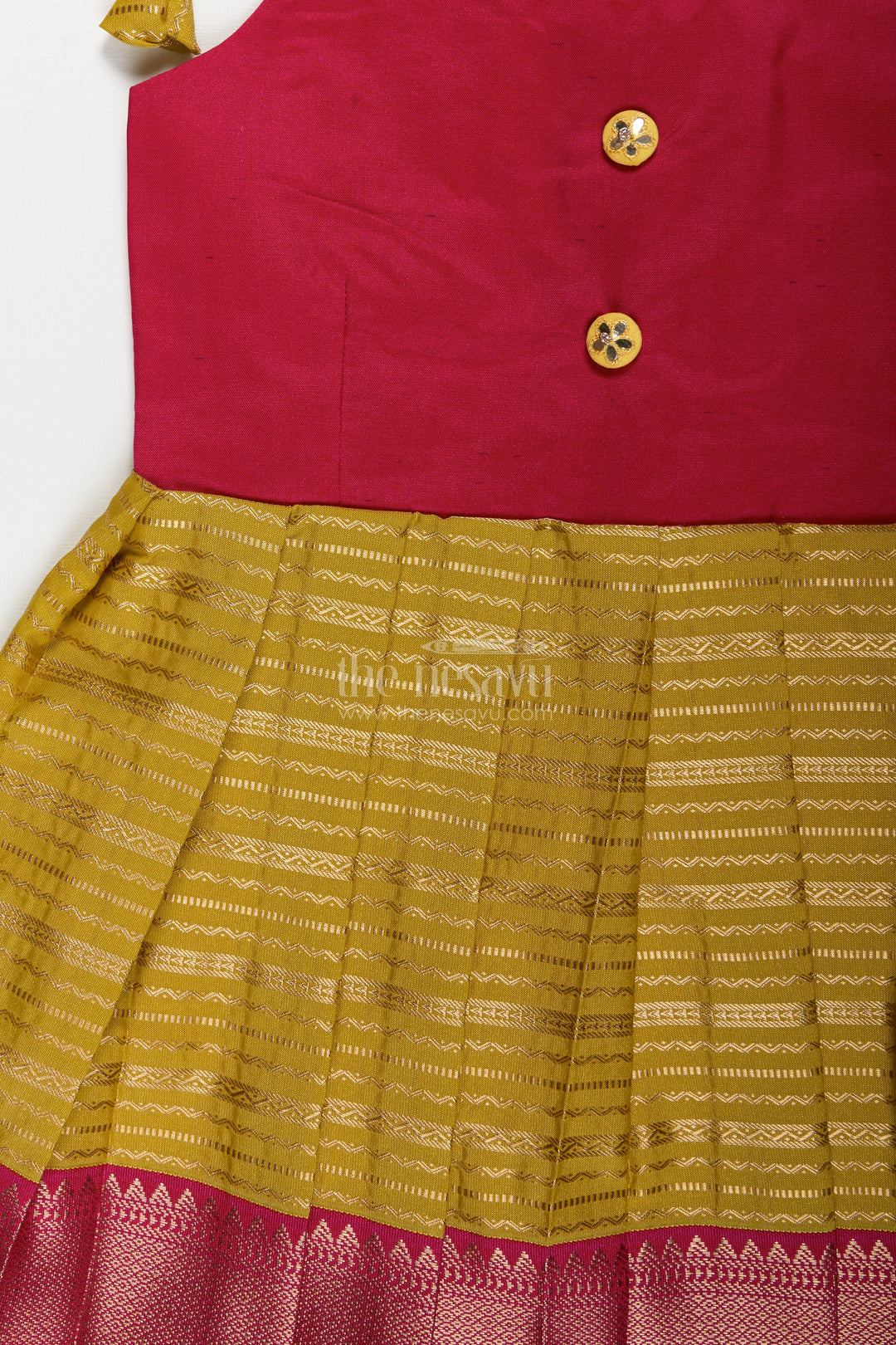 The Nesavu Tie-up Frock Traditional Tie-Up Frock for Baby Girls in Mustard and Pink Perfect for Weddings Nesavu Nesavu Mustard And Pink Baby Girl Silk Frock Ethnic Tie-Up Dress For Weddings