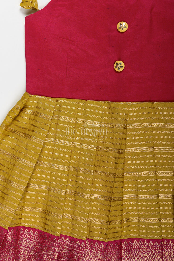 The Nesavu Tie-up Frock Traditional Tie-Up Frock for Baby Girls in Mustard and Pink Perfect for Weddings Nesavu Nesavu Mustard And Pink Baby Girl Silk Frock Ethnic Tie-Up Dress For Weddings