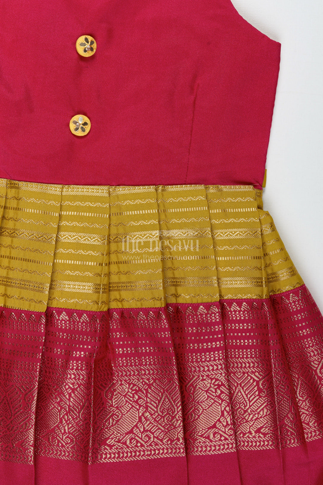 The Nesavu Tie-up Frock Traditional Tie-Up Frock for Baby Girls in Mustard and Pink Perfect for Weddings Nesavu Nesavu Mustard And Pink Baby Girl Silk Frock Ethnic Tie-Up Dress For Weddings