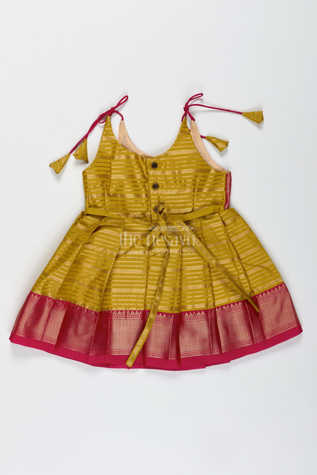 The Nesavu Tie-up Frock Traditional Tie-Up Frock for Baby Girls in Mustard and Pink Perfect for Weddings Nesavu Nesavu Mustard And Pink Baby Girl Silk Frock Ethnic Tie-Up Dress For Weddings