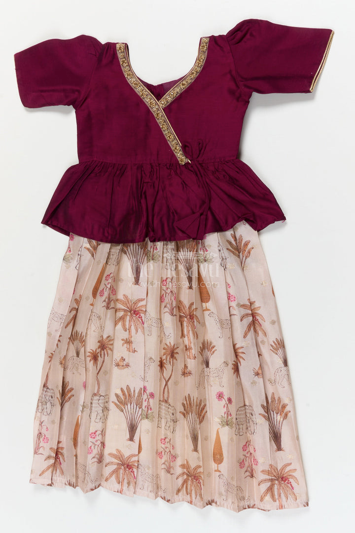 The Nesavu Pattu Pavadai Traditional Wrap-style Baby Pattu Pavadai for Festive Milestones Nesavu 18 (2Y) / Purple / Banarasi GPP363A-18 Nesavu wrap-style baby pattu pavadai with jungle print skirt for traditional festivities