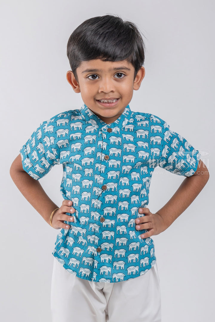 The Nesavu Boys Cotton Shirt Trendy Boys' Shirt with Cute Elephant Print | Pure Cotton | Nesavu | Perfect Blend of Style and Comfort psr silks Nesavu 14 (6M) / Blue / Cotton BS037C