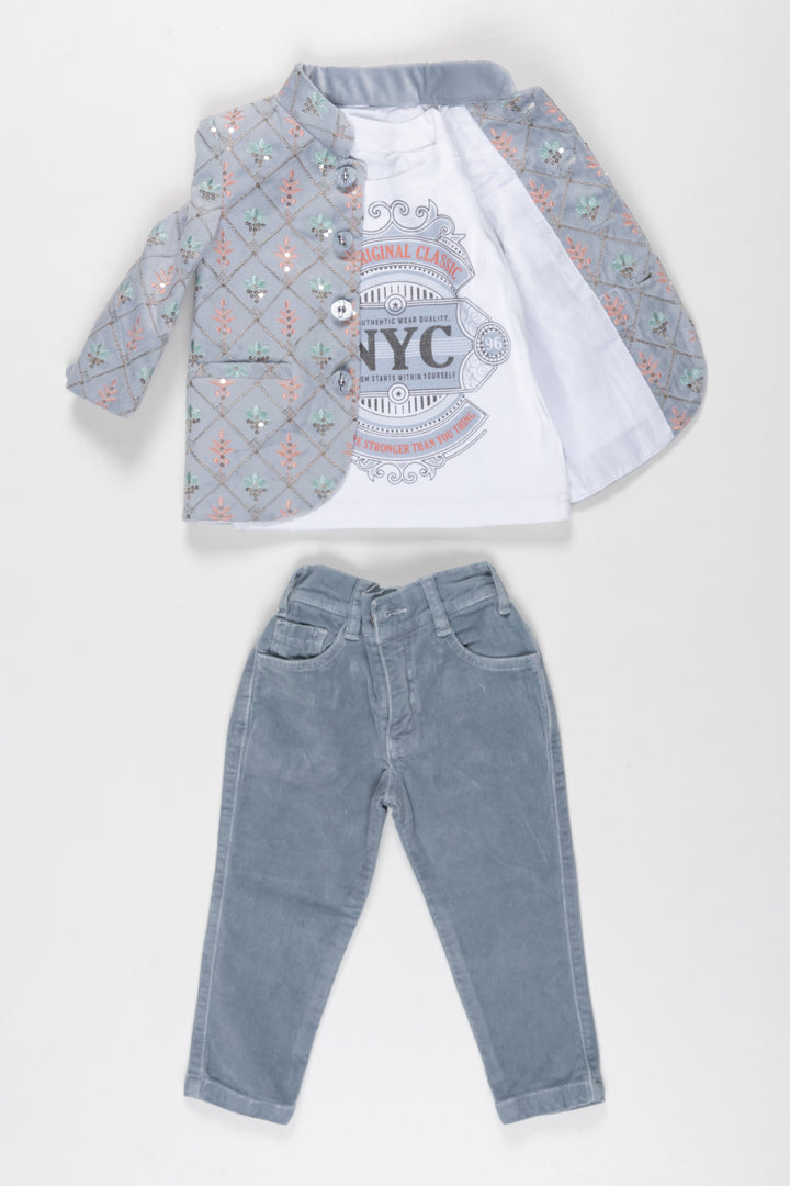 The Nesavu Boys Kurtha Set Trendy Boys Winter Jacket and Jeans Combo with Graphic Tee Nesavu 16 (1Y) / Gray / Velvet BES536A-16 Shop Boys Winter Jacket  Jeans Set | Cool Graphic Tee Outfit | The Nesavu