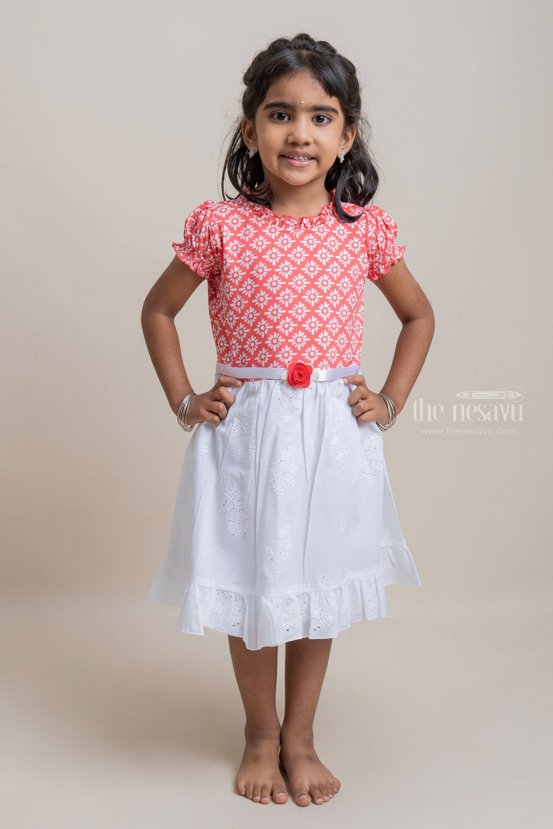The Nesavu Baby Cotton Frocks Trendy Butta Designed Orangered Colored Yoke And Embroidered White Bottom Frock For Girls Nesavu 18 (2Y) / Orange / Cotton BFJ360B-18 Colorful cotton frocks for babies | Ethnic Wear For Babies | The Nesavu