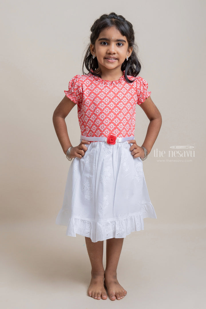 The Nesavu Baby Cotton Frocks Trendy Butta Designed Orangered Colored Yoke And Embroidered White Bottom Frock For Girls Nesavu 18 (2Y) / Orange / Cotton BFJ360B-18 Colorful cotton frocks for babies | Ethnic Wear For Babies | The Nesavu