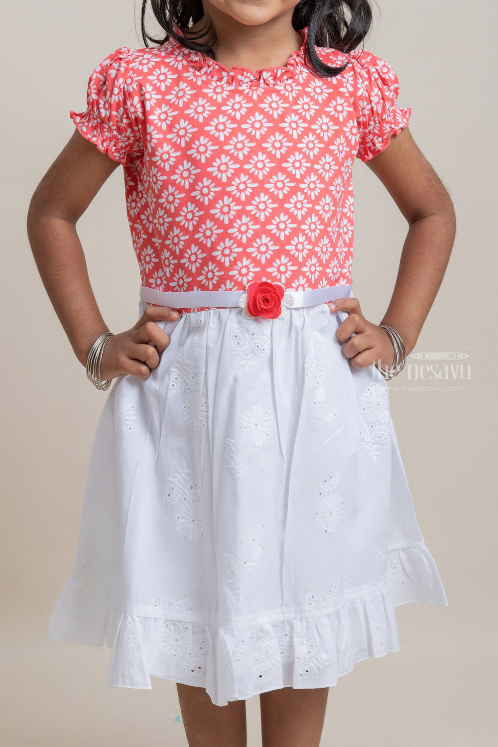 The Nesavu Baby Cotton Frocks Trendy Butta Designed Orangered Colored Yoke And Embroidered White Bottom Frock For Girls Nesavu Colorful cotton frocks for babies | Ethnic Wear For Babies | The Nesavu