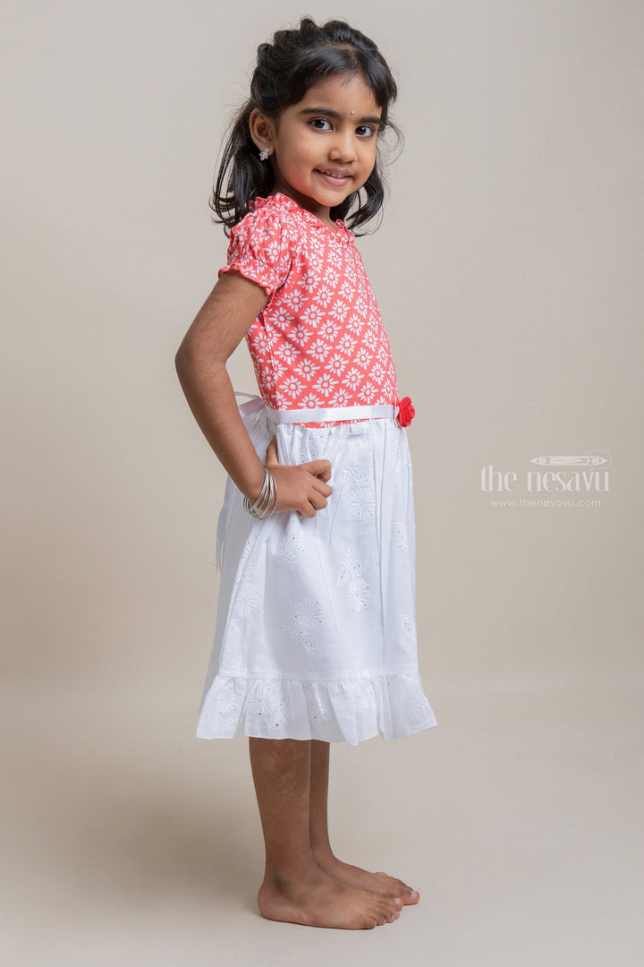 The Nesavu Baby Cotton Frocks Trendy Butta Designed Orangered Colored Yoke And Embroidered White Bottom Frock For Girls Nesavu Colorful cotton frocks for babies | Ethnic Wear For Babies | The Nesavu