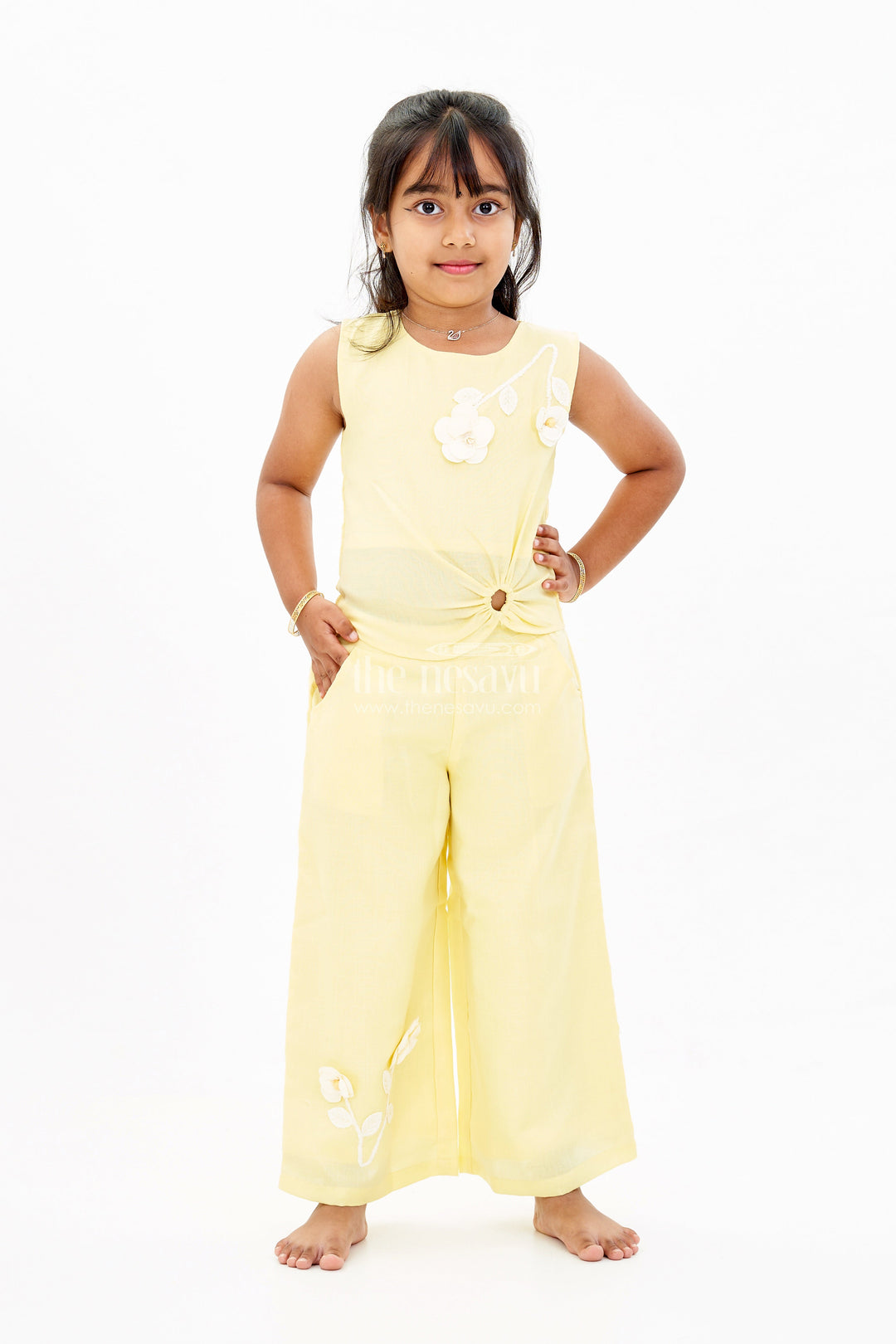 The Nesavu Girls Sharara / Plazo Set Trendy Casual Summer Outfits for Girls with Floral Embroidery and Wide-Leg Plazo Nesavu 18 (2Y) / Yellow GPS533B-18 Nesavu Trendy Casual Summer Outfits Girls Floral Embroidery Wide-Leg Plazo