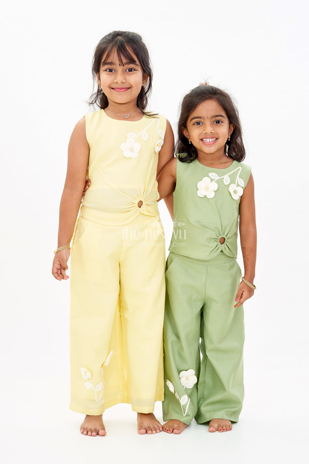 The Nesavu Girls Sharara / Plazo Set Trendy Casual Summer Outfits for Girls with Floral Embroidery and Wide-Leg Plazo Nesavu Nesavu Trendy Casual Summer Outfits Girls Floral Embroidery Wide-Leg Plazo