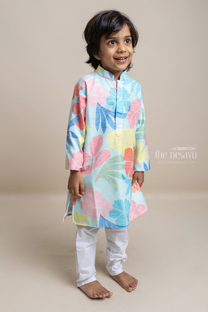 The Nesavu Boys Kurtha Set Trendy Floral Printed Sea Blue Cotton Kurta With White Pant For Boys Nesavu Discover the Best Collection at The Nesavu | Premium Kurta Set
