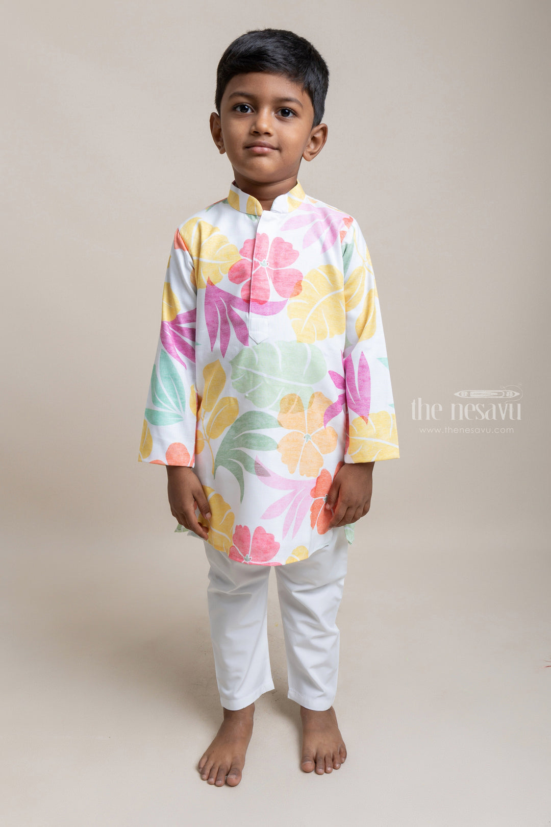 The Nesavu Boys Kurtha Set Trendy Floral Printed White Cotton Kurta With White Pant For Boys Nesavu 14 (6M) / White / Linen BES285B-14 Modern Cotton kurta Collection For Boys | Boys Casual wear | The Nesavu