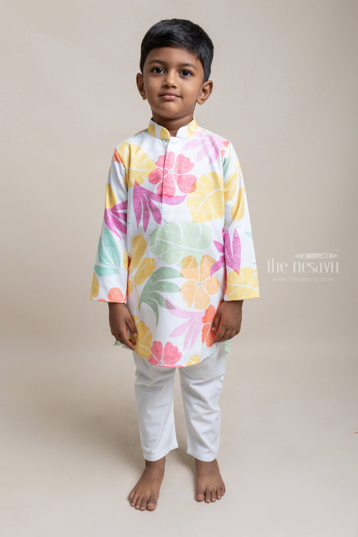 The Nesavu Boys Kurtha Set Trendy Floral Printed White Cotton Kurta With White Pant For Boys Nesavu 14 (6M) / White / Linen BES285B-14 Modern Cotton kurta Collection For Boys | Boys Casual wear | The Nesavu