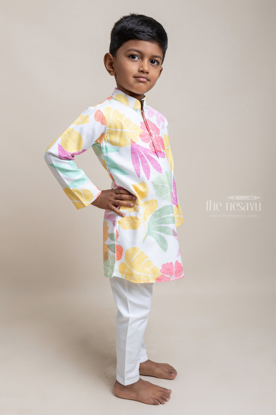 The Nesavu Boys Kurtha Set Trendy Floral Printed White Cotton Kurta With White Pant For Boys Nesavu Modern Cotton kurta Collection For Boys | Boys Casual wear | The Nesavu