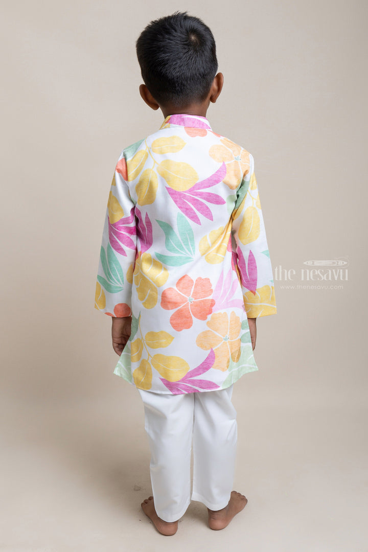 The Nesavu Boys Kurtha Set Trendy Floral Printed White Cotton Kurta With White Pant For Boys Nesavu Modern Cotton kurta Collection For Boys | Boys Casual wear | The Nesavu