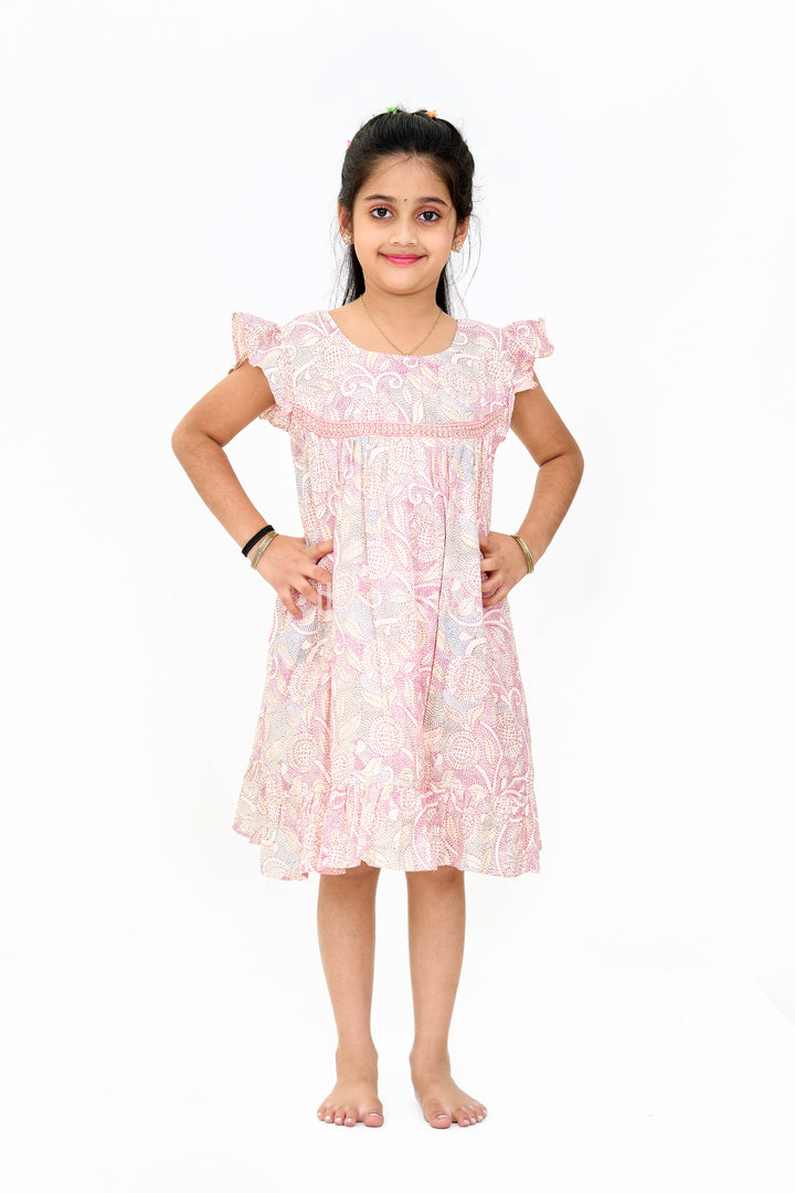 The Nesavu Girls Cotton Frock Trendy Girls Casual Cotton Dress with Chic Floral Patterns and Soft Rayon Fabric Nesavu 16 (1Y) / Multicolor GFC1549B-16 Nesavu Girls Casual Cotton Dress Earthy Floral Print Lace Details Ruffle Hemline