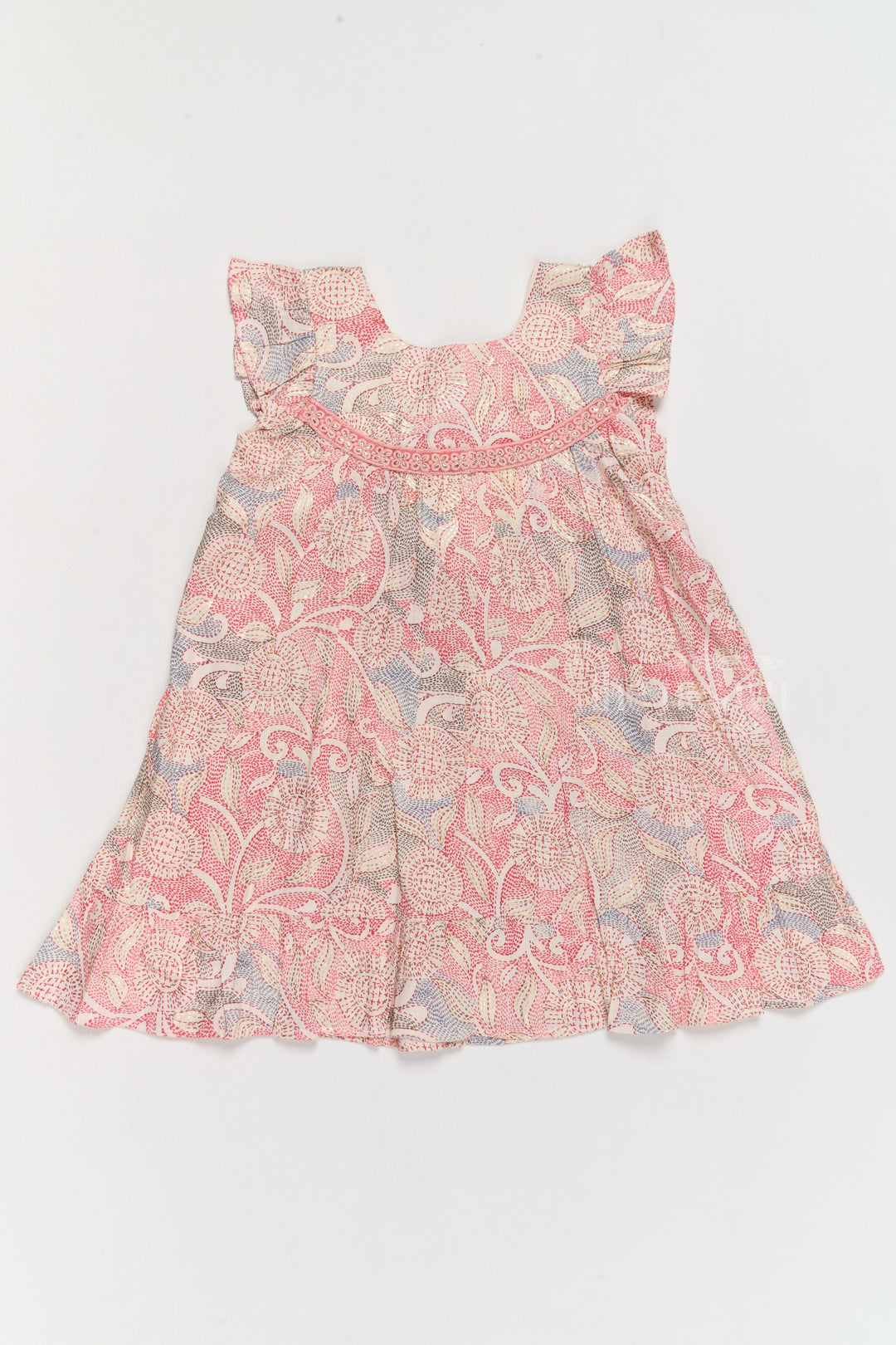 The Nesavu Girls Cotton Frock Trendy Girls Casual Cotton Dress with Chic Floral Patterns and Soft Rayon Fabric Nesavu Nesavu Girls Casual Cotton Dress Earthy Floral Print Lace Details Ruffle Hemline