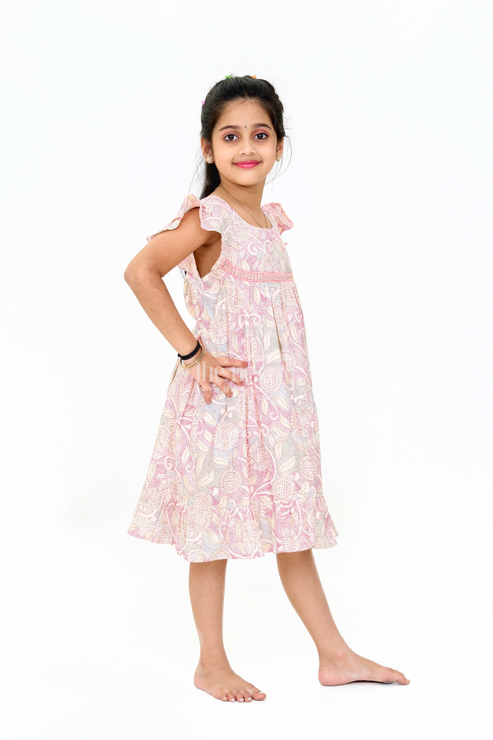 The Nesavu Girls Cotton Frock Trendy Girls Casual Cotton Dress with Chic Floral Patterns and Soft Rayon Fabric Nesavu Nesavu Girls Casual Cotton Dress Earthy Floral Print Lace Details Ruffle Hemline