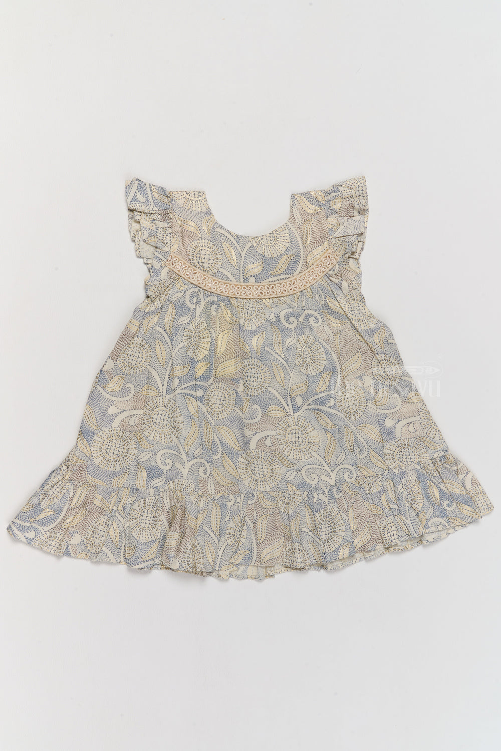 The Nesavu Girls Cotton Frock Trendy Girls Cotton Fashion Dress with Elegant Floral Pattern and Ruffled Details Nesavu 16 (1Y) / Green GFC1549D-16 Nesavu Girls Cotton Fashion Dress Pastel Floral Print Ruffled Hem Lace Detailing