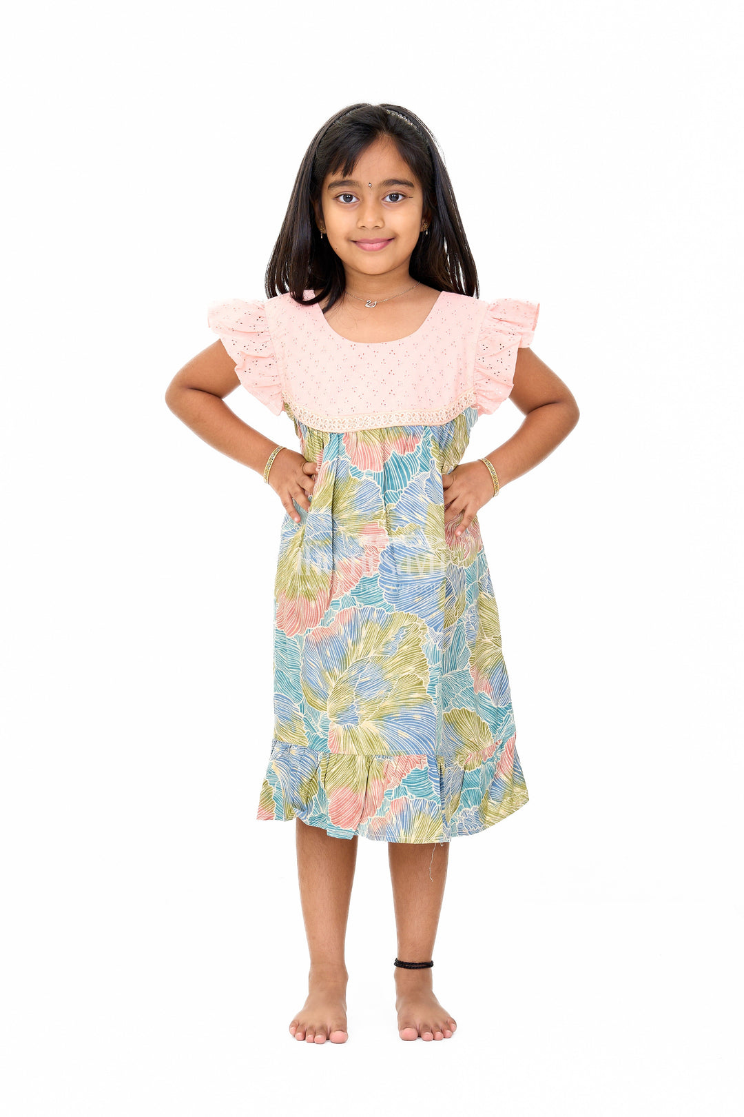 The Nesavu Girls Cotton Frock Trendy Girls Cotton New Dress with Vibrant Leaf Print and Lace Yoke Nesavu 16 (1Y) / Multicolor GFC1553A-16 Nesavu Girls Cotton New Dress Bold Leaf Print Flutter Sleeves Lace Detailing