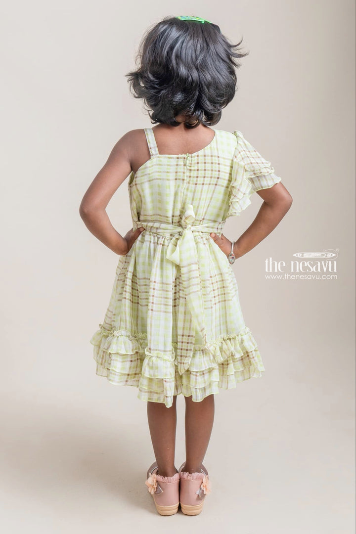 The Nesavu Baby Fancy Frock Trendy Green One Shoulder Sleeve Checked Pattern Frock For Girls Nesavu Trendy Pattern Girls Frock | Premium Cotton Frock | The Nesavu