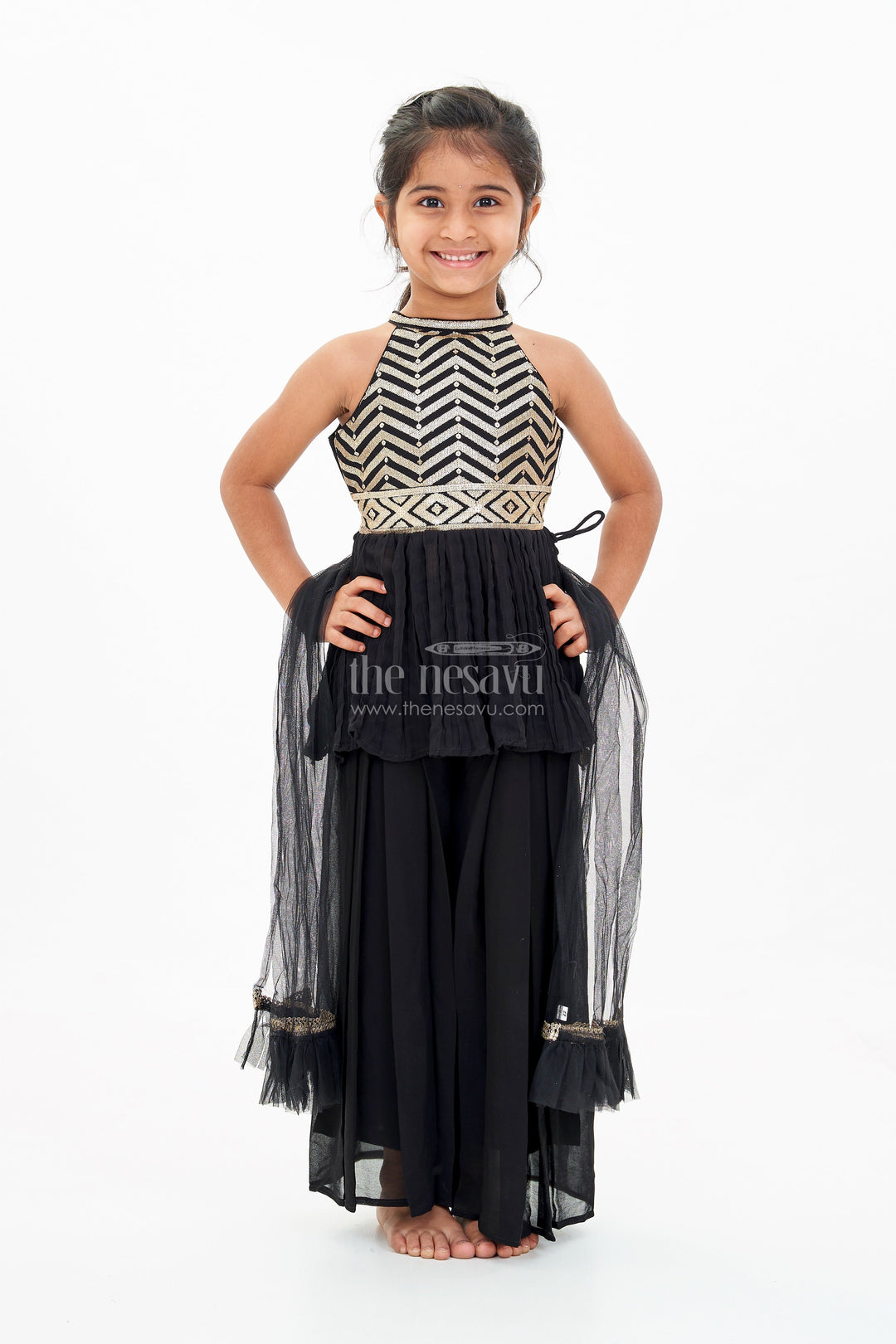 The Nesavu Girls Sharara / Plazo Set Trendy Green Plazo Set for Girls with Georgette Embroidery and Sequin Work Nesavu 16 (1Y) / Green GPS538A-16 Nesavu Trendy Green Plazo Set Girls Georgette Embroidery Sequin Work