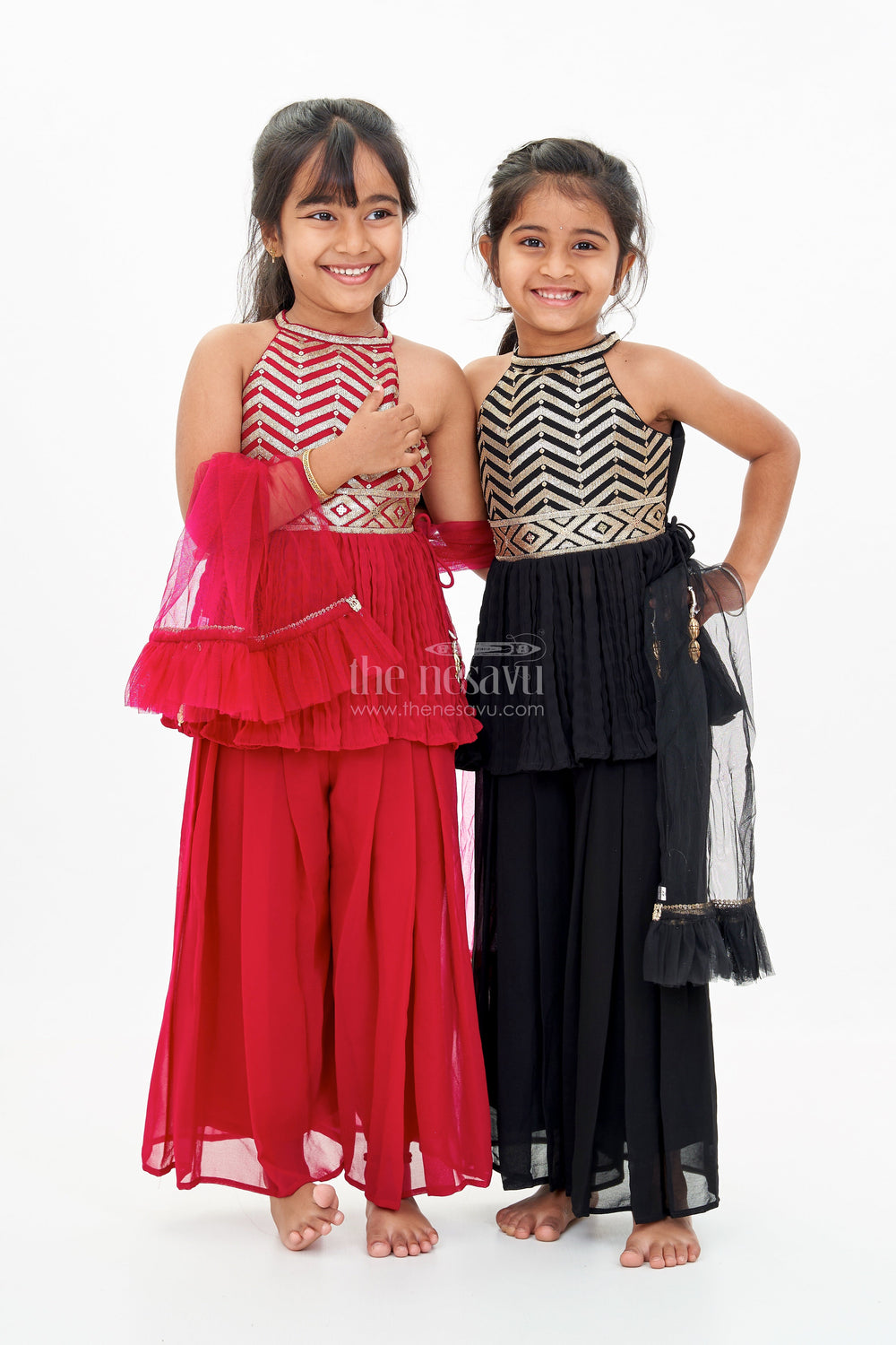 The Nesavu Girls Sharara / Plazo Set Trendy Green Plazo Set for Girls with Georgette Embroidery and Sequin Work Nesavu Nesavu Trendy Green Plazo Set Girls Georgette Embroidery Sequin Work